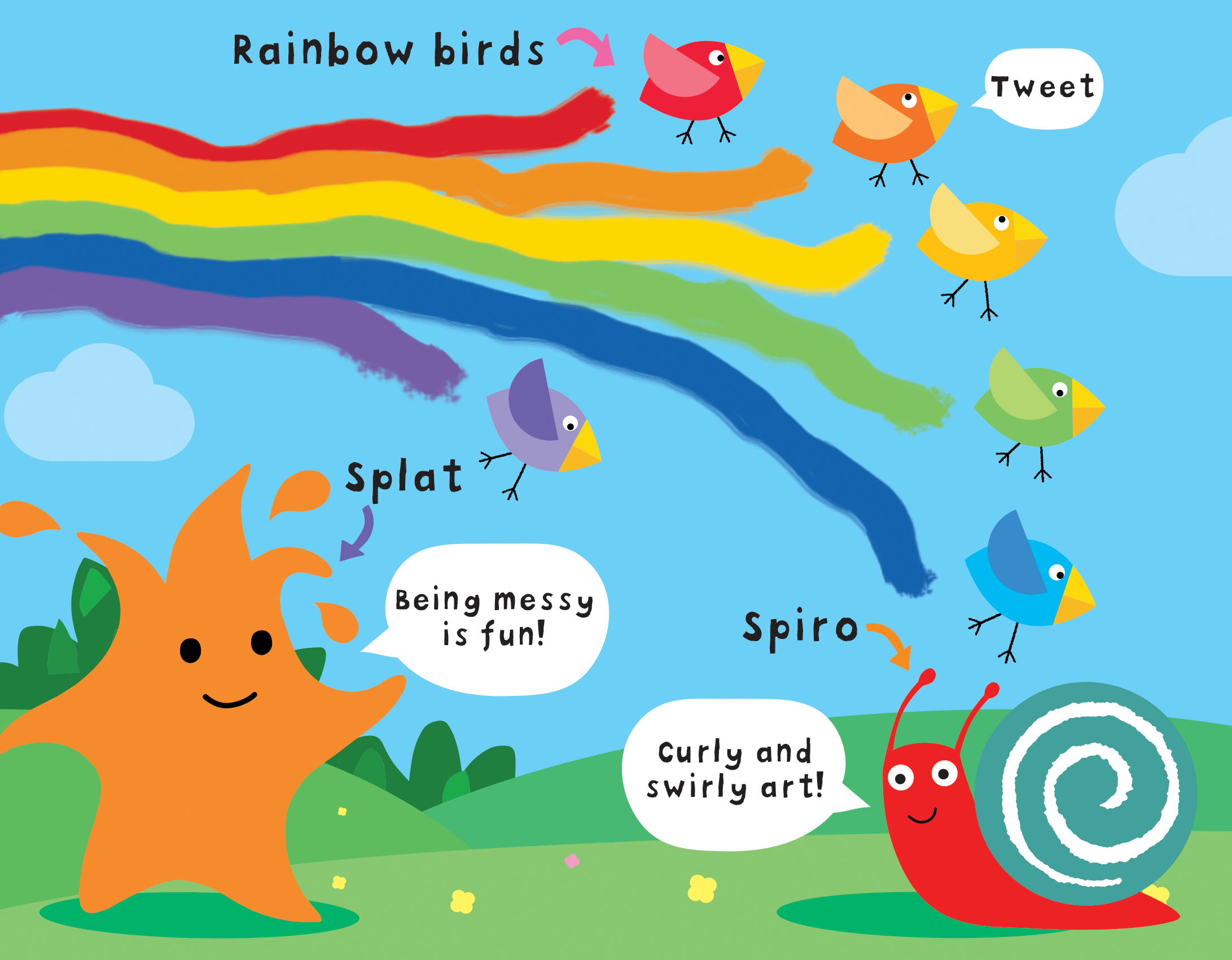 Rainbow birds, Splat and Spiro